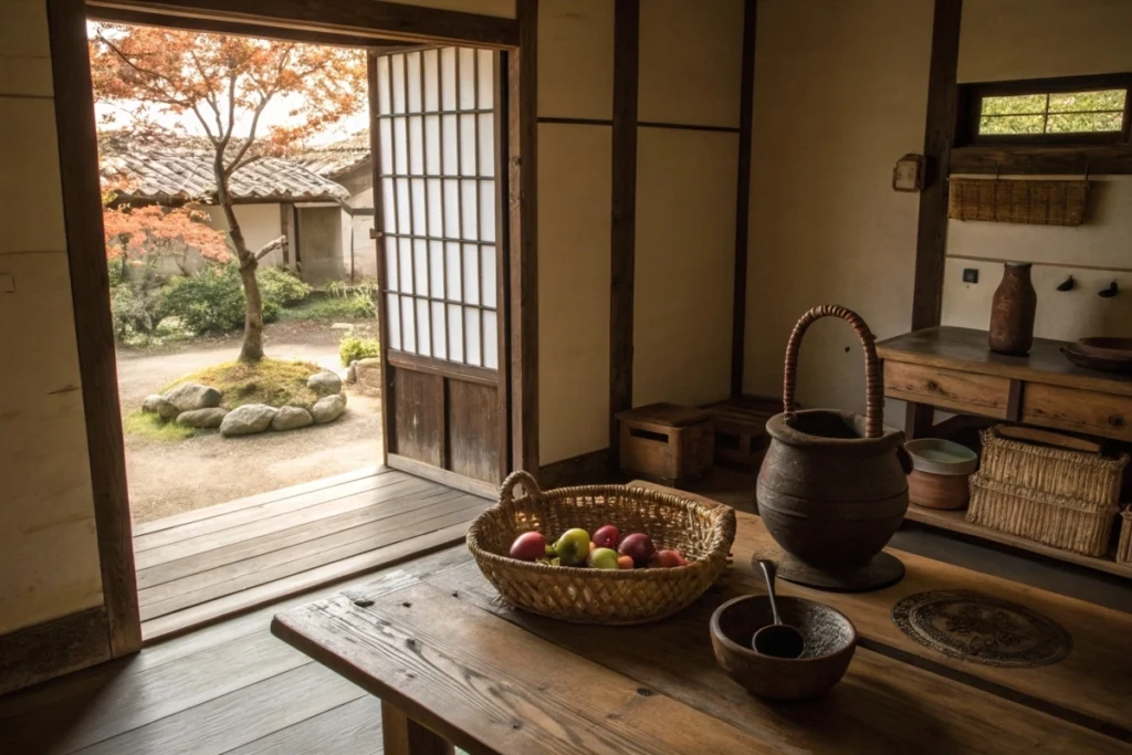 A historical Japanese farmhouse setting with freshly gathered dogwood fruits.
