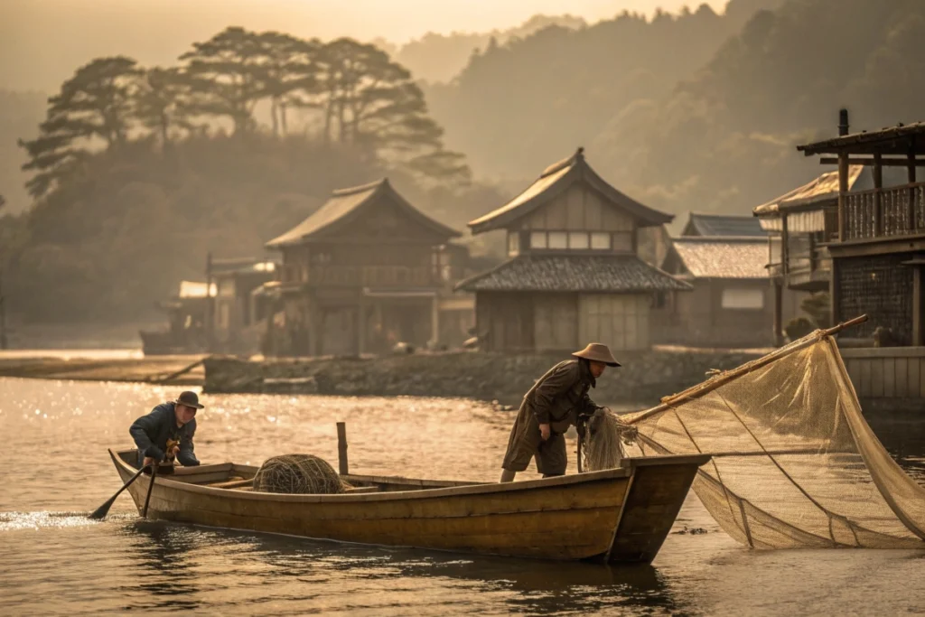 Historical Japanese fishermen harvesting shrimp near a coastal village.