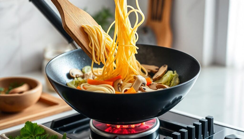 Wok-tossed Japanese pan noodles with vegetables in a modern kitchen setting.
