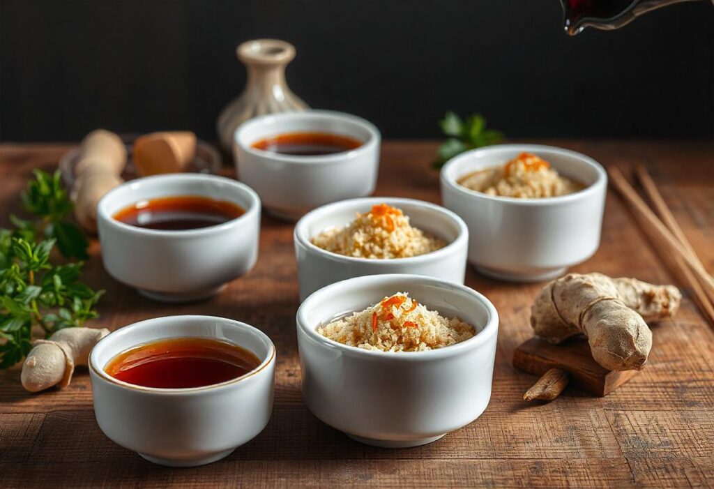 Bols en céramique blanche avec ingrédients clés (soja, mirin, sake, sucre, gingembre, ail) pour sauce barbecue japonaise.