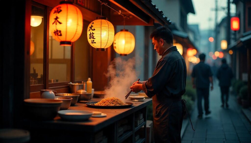 Historical depiction of a Japanese street stall preparing pan-fried noodles
