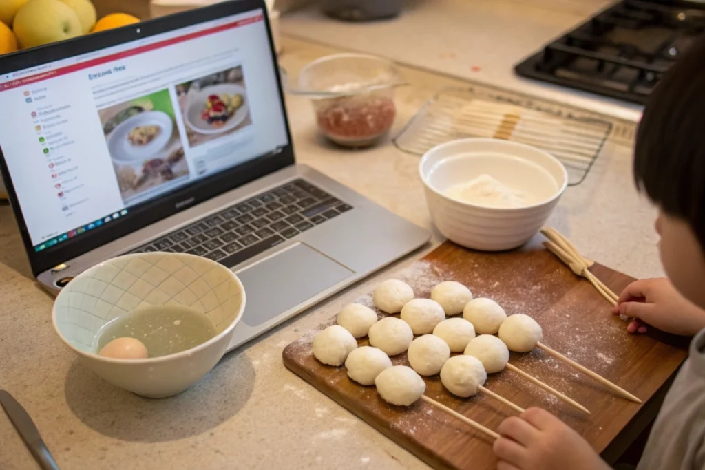 A practical home-kitchen scene with mochi dough being shaped into dango as a child assists, referencing hands-on family activity.