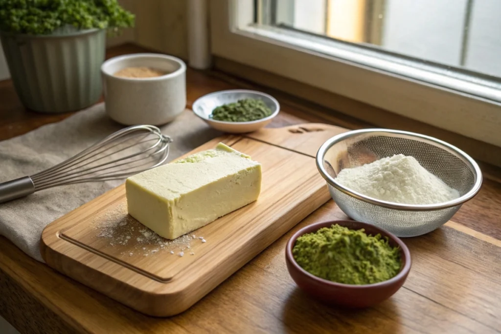 High-quality butter, cake flour, and matcha powder arranged for Japanese cookie baking.