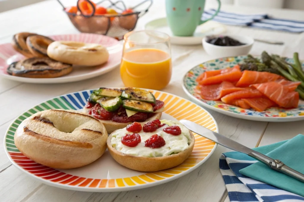 Assortment of Japanese bagels garnished with various savory and sweet toppings, perfect for a brunch or family breakfast.