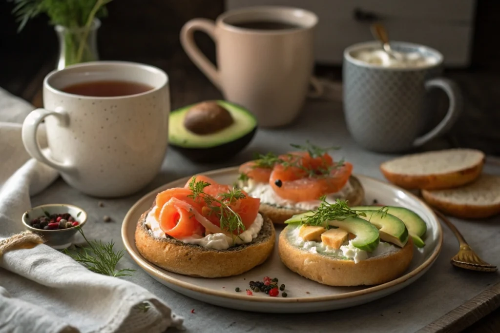 A dinner table featuring freshly baked Japanese bagels with an array of toppings, accompanied by tea for a cozy meal.