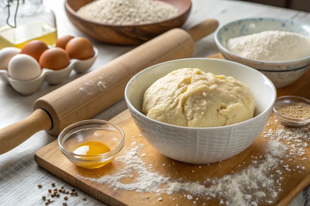 Kneading dough with mochi flour, eggs, honey, and sesame seeds on a wooden countertop for Japanese bagels.