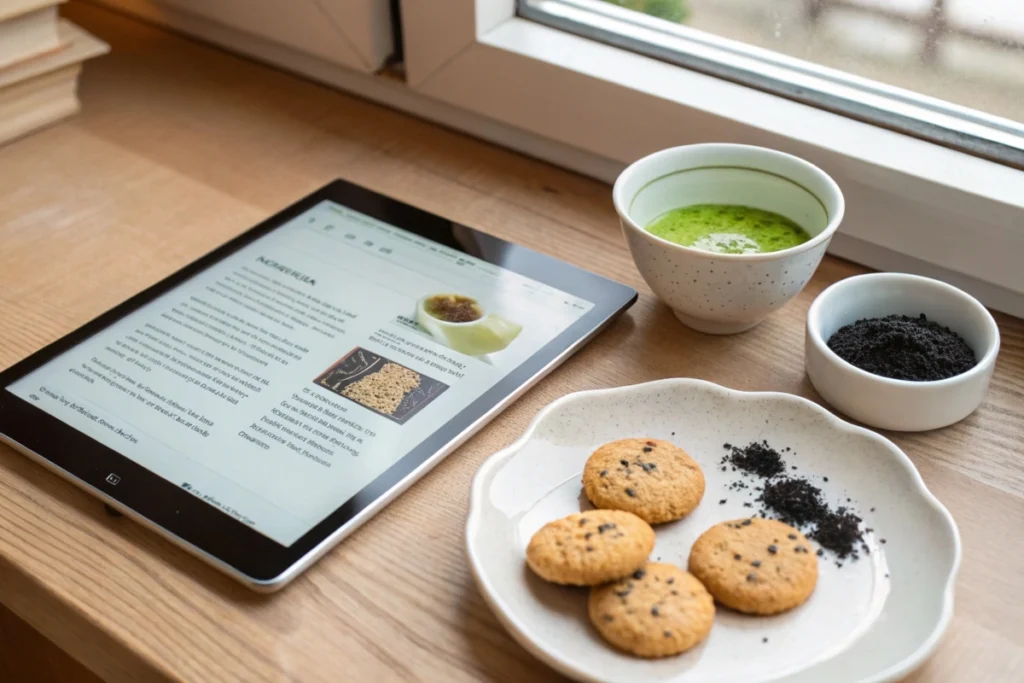 A tablet displaying a biscuit recipe, surrounded by bowls of matcha, sesame, yuzu, and finished biscuits.