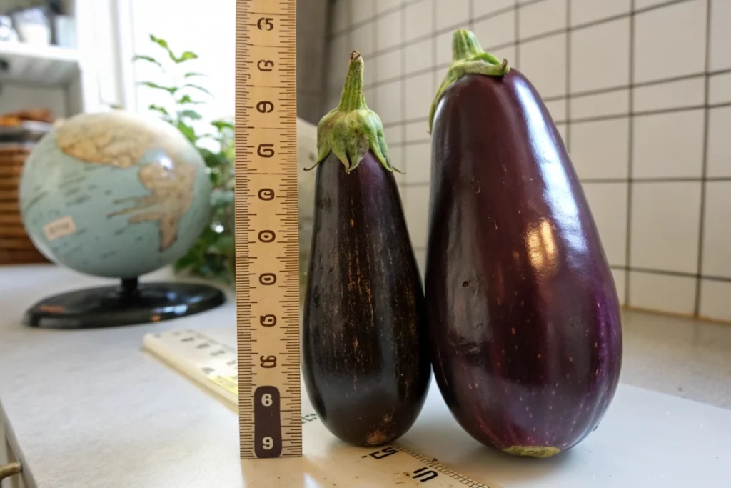 A visual comparison: slender Japanese eggplants versus a larger globe eggplant, illustrating size and shape differences.
