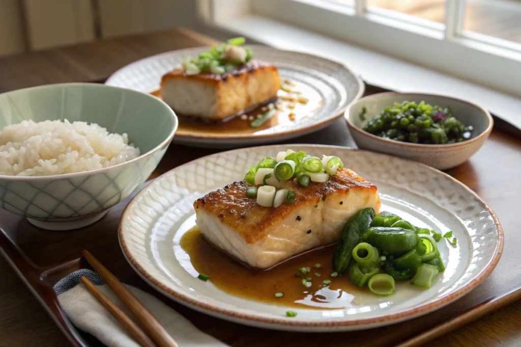 A concluding dinner scene featuring miso-glazed cod fillets, rice, and pickled vegetables, reflecting the comforting essence of Japanese fish recipes.