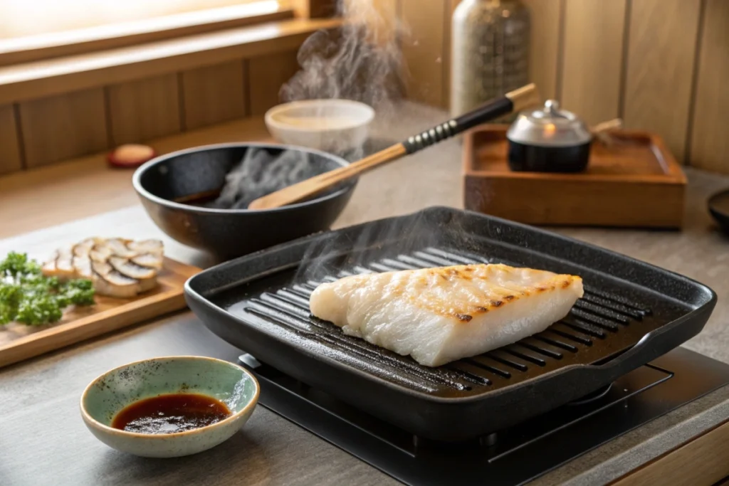 A salted cod fillet grilling on a stovetop, with teriyaki sauce on the side, representing popular Japanese fish cooking styles.