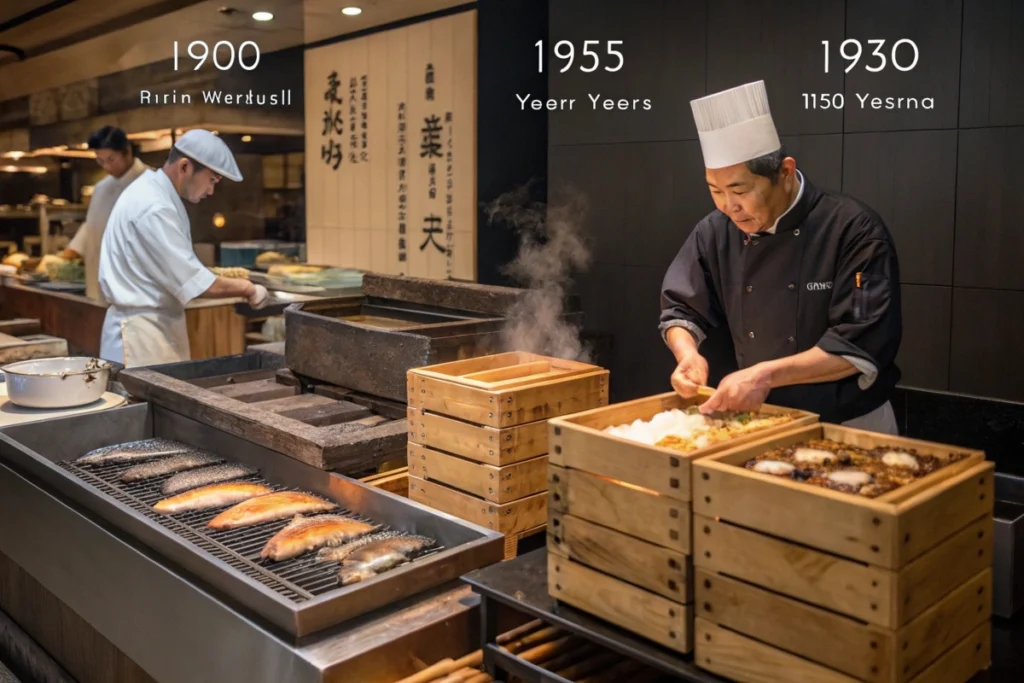 A three-panel timeline depicting how Japanese fish cooking evolved from Edo markets to modern fusion culinary presentations.