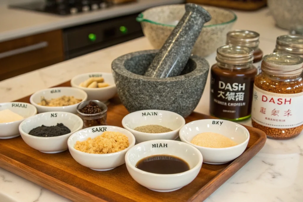 Core ingredients like miso, soy sauce, mirin, and sake assembled for marinating fish, showcasing the backbone of Japanese fish dishes.