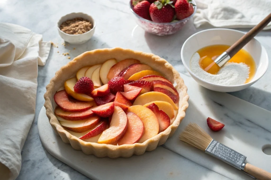 An unbaked Japanese fruit pie arranged in a neat fruit pattern, with sugar-cornstarch mix and egg wash close by.