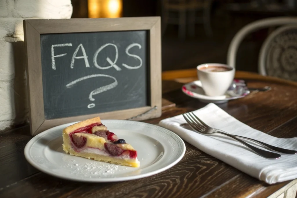 A chalkboard labeled ‘FAQs’ beside a partially eaten slice of Japanese fruit pie, showing its layered fruit filling.
