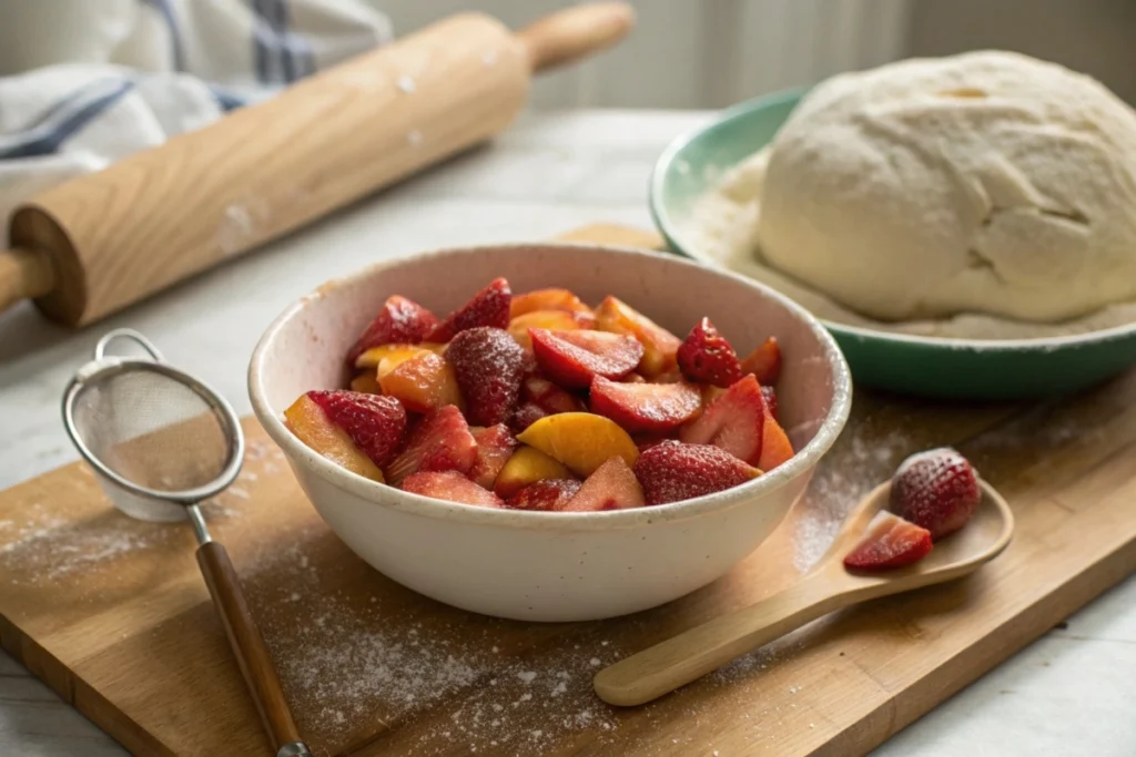 A mixing bowl of strawberries and peaches coated with sugar-cornstarch, next to pie dough and baking tools.
