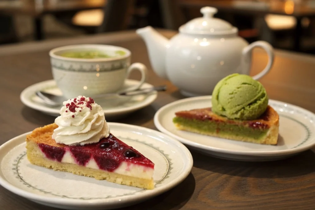 Two slices of Japanese fruit pie served with whipped cream and matcha ice cream, accompanied by a teapot for a comforting finish.