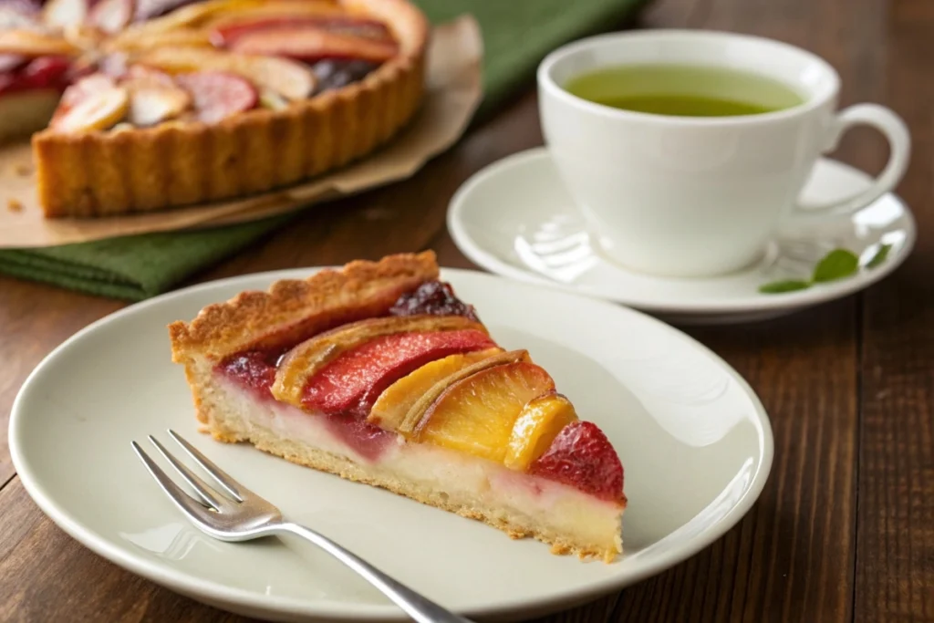 A slice of Japanese fruit pie with well-arranged fresh fruit layers, next to green tea, highlighting balanced flavors.