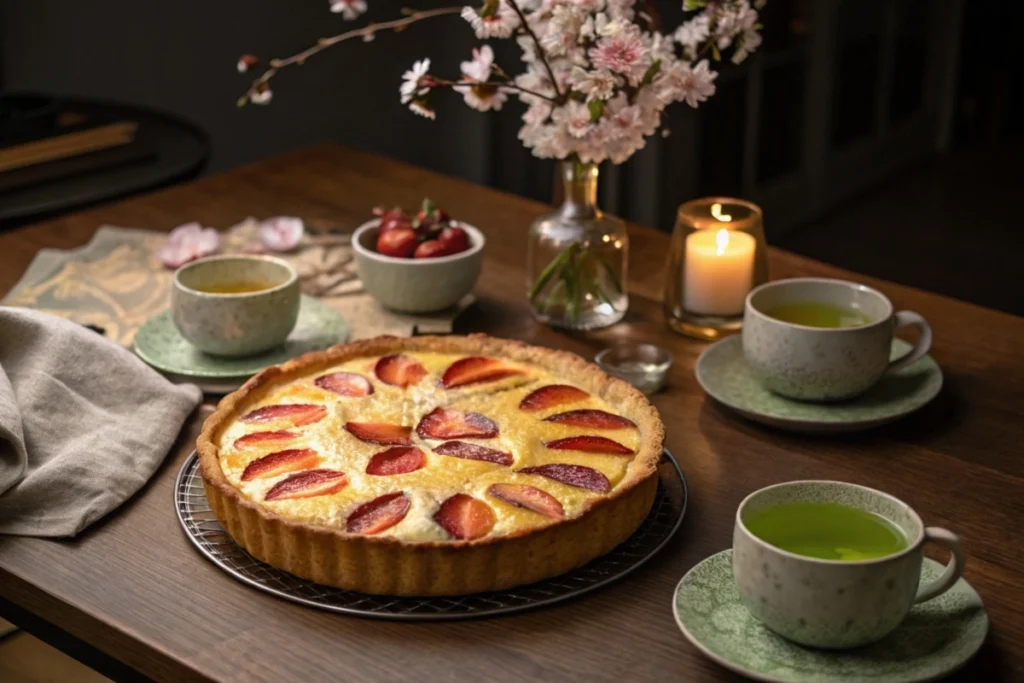 A dinner table displaying a fully baked Japanese fruit pie with fruit slices, served with green tea and cherry blossom decor.