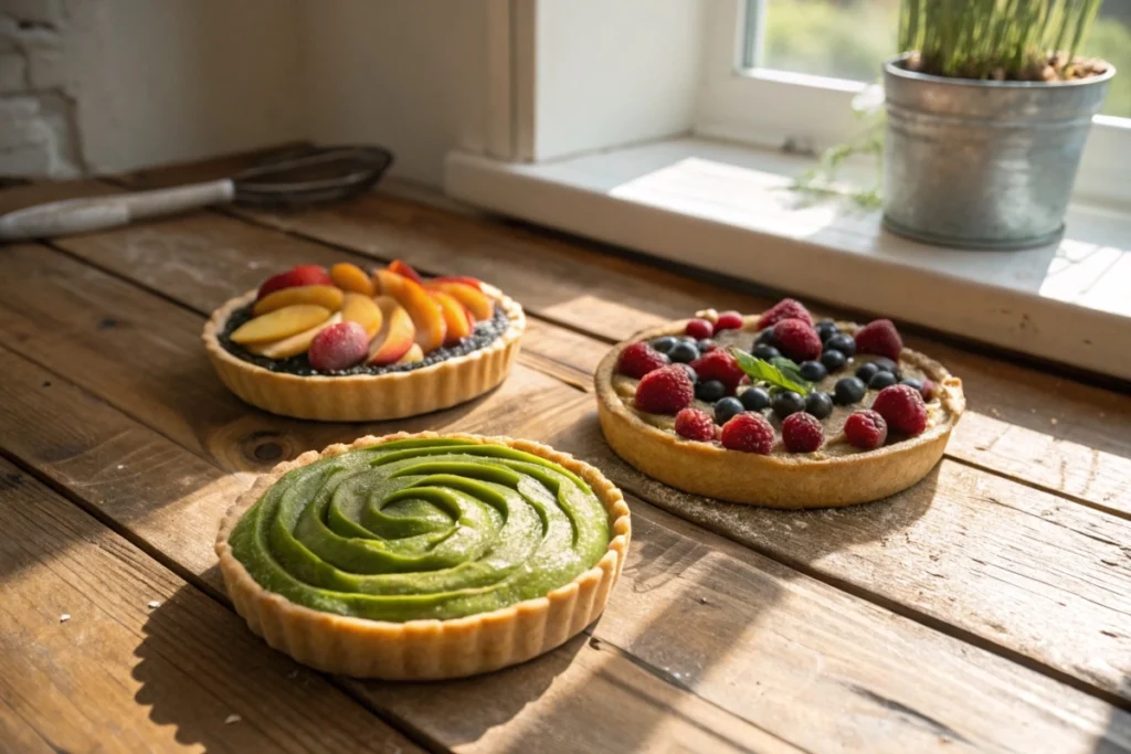 Three mini Japanese fruit pies in different flavors—matcha apple, peach yuzu, and mixed berry—on a wooden table.