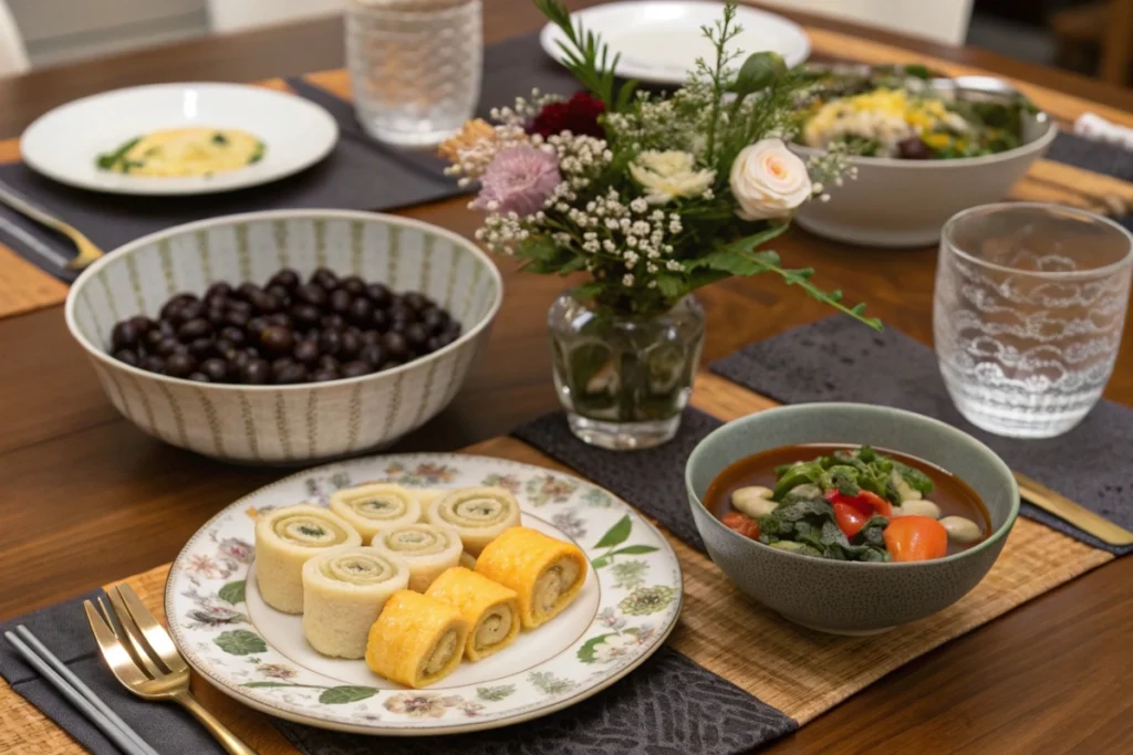 A concluding spread of Japanese New Year dishes arranged on a neat dinner table, highlighting sweet beans, rolled omelet, and mochi soup for a festive finish.