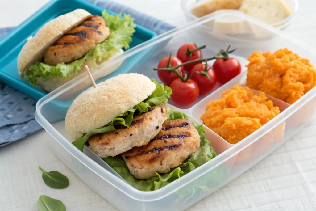 A bento-style lunchbox with mini Japanese rice bread sliders, fresh vegetables, and mashed sweet potatoes for a balanced midday meal
