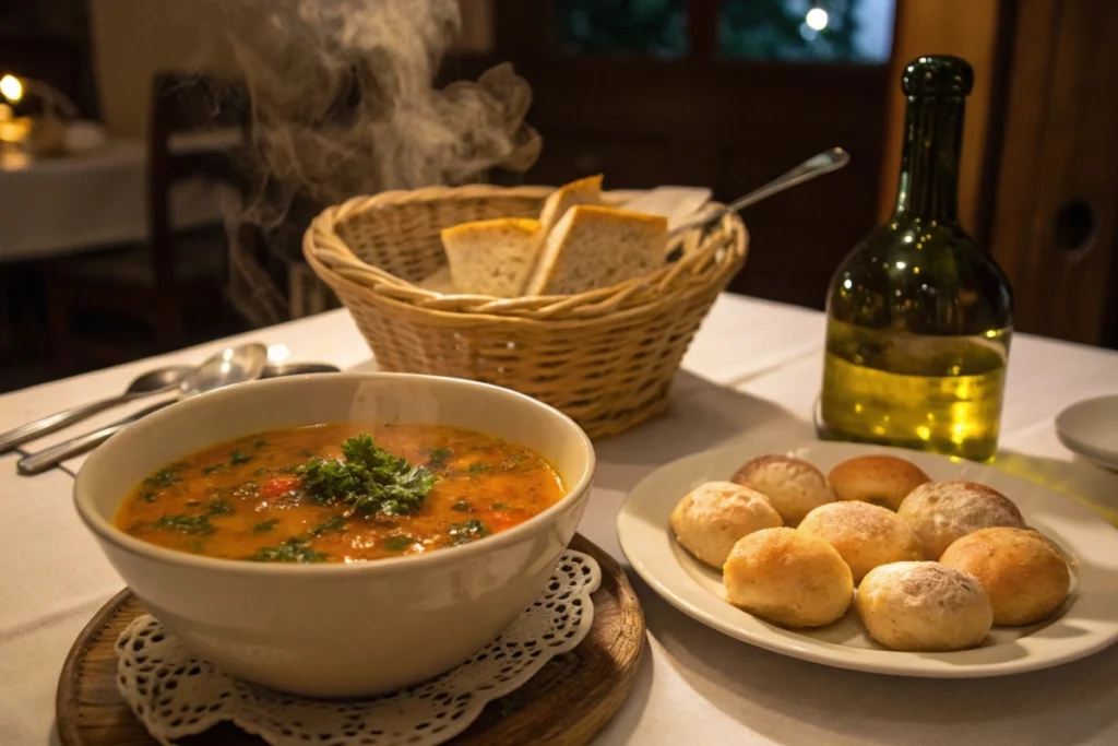 A dinner table setup with miniature Japanese rice bread rolls, soup, and herb-infused olive oil for dipping
