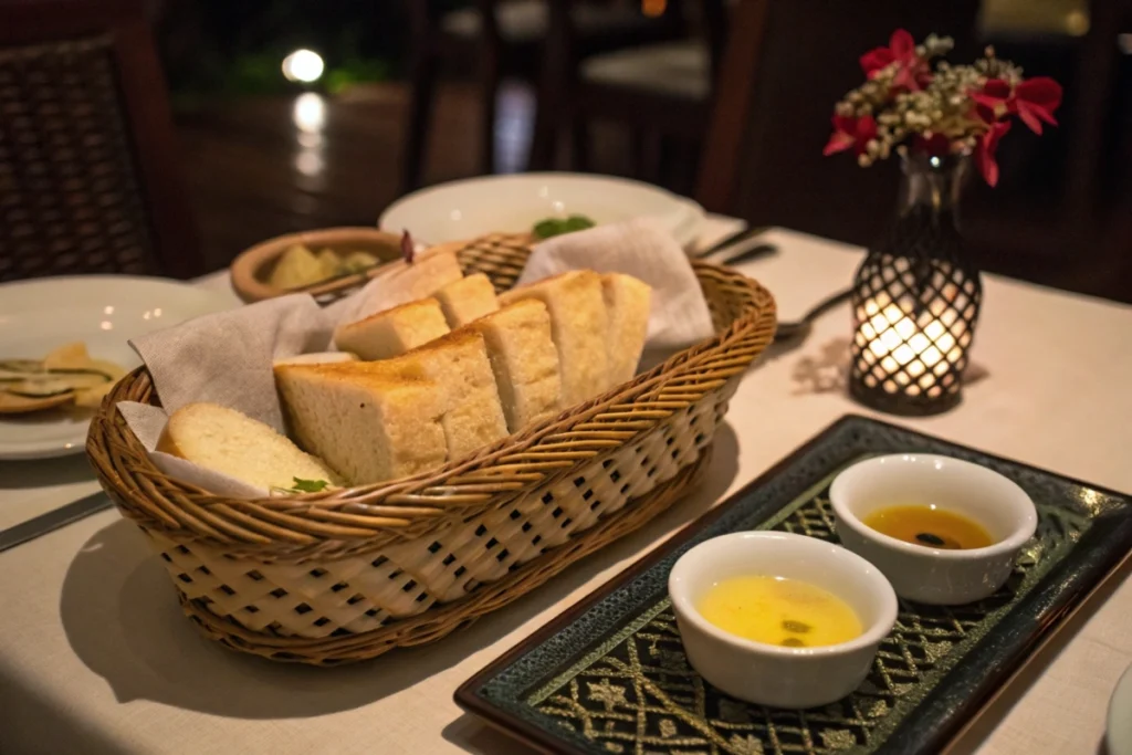 A dinner table with sliced Japanese rice bread in a basket, accompanied by dipping bowls, set for an intimate meal
