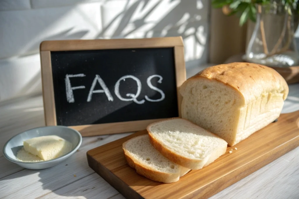 A chalkboard labeled ‘FAQs’ and sliced Japanese rice bread on a wooden board, emphasizing its fluffy interior
