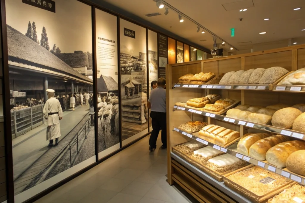 A timeline collage depicting the evolution of bread in Japan, from historical grains to modern packaged rice breads
