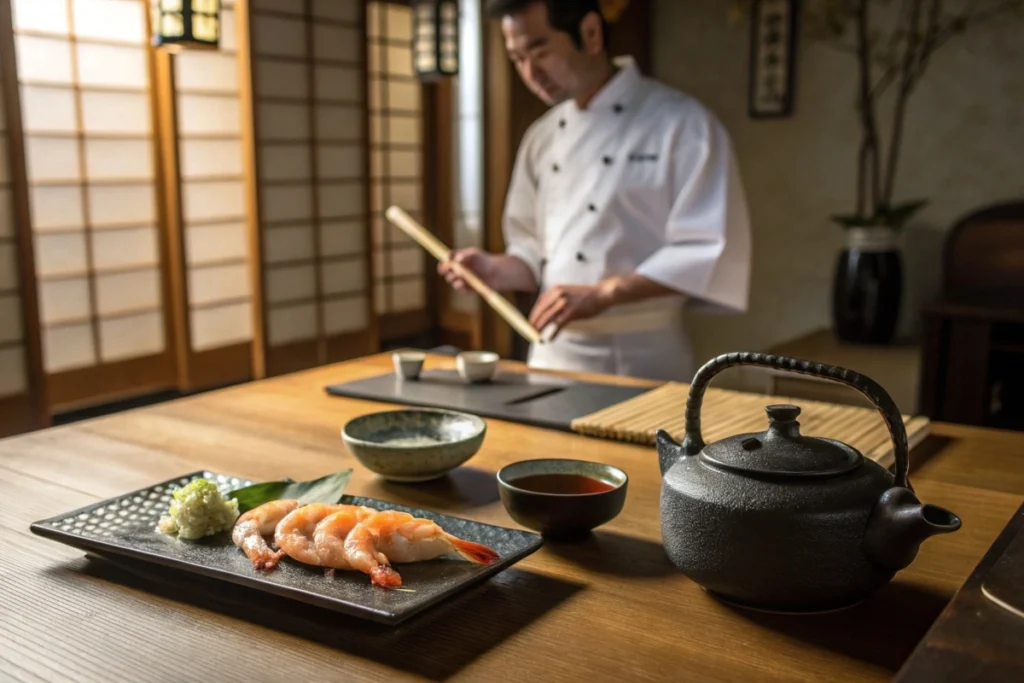 Fresh shrimp and traditional Japanese condiments arranged on a low wooden table