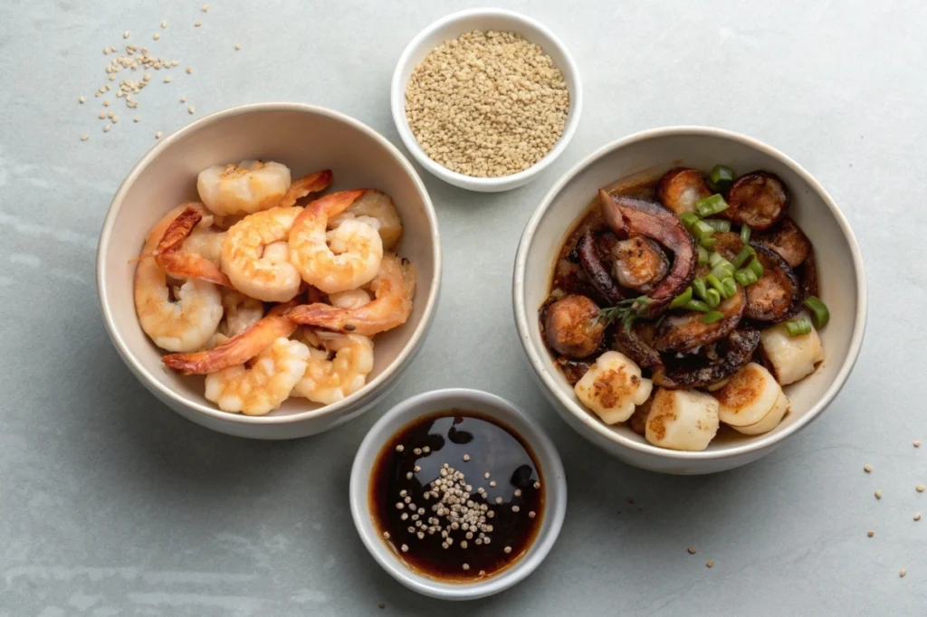 Three alternative seafood bowls—shrimp, octopus, and scallops—each reflecting a Japanese salad marinade.