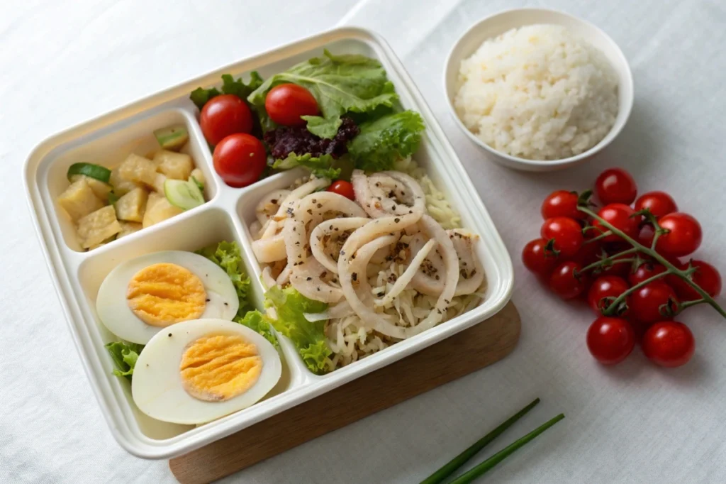 A bento box featuring Japanese squid salad, a boiled egg, tomatoes, and rice for a balanced midday meal.