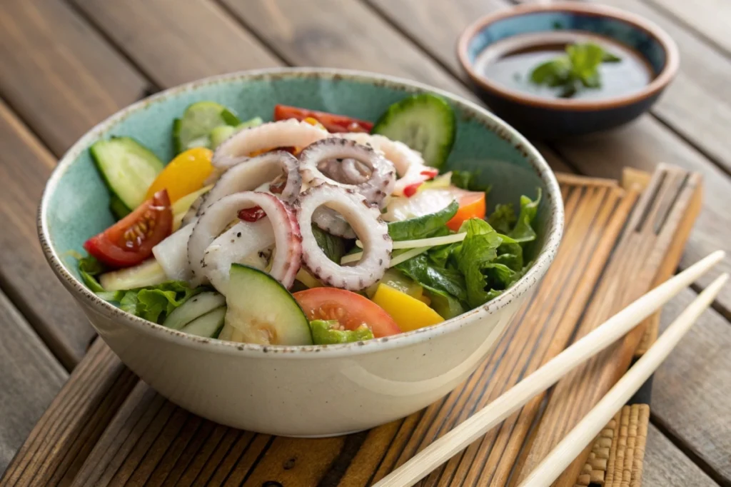 A chalkboard reading ‘FAQs’ beside a bowl of Japanese squid salad, illustrating quick answers to common questions.