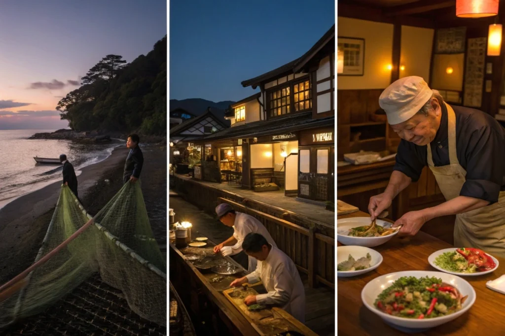 A timeline showing Japan’s journey from historical squid fishing to modern squid salad presentations.