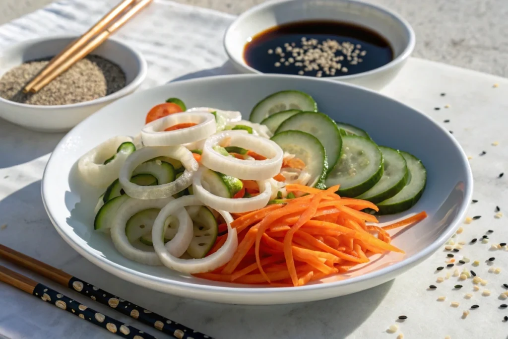 A lunchtime squid salad, featuring tender squid rings and crunchy vegetables dressed in a tangy sauce.