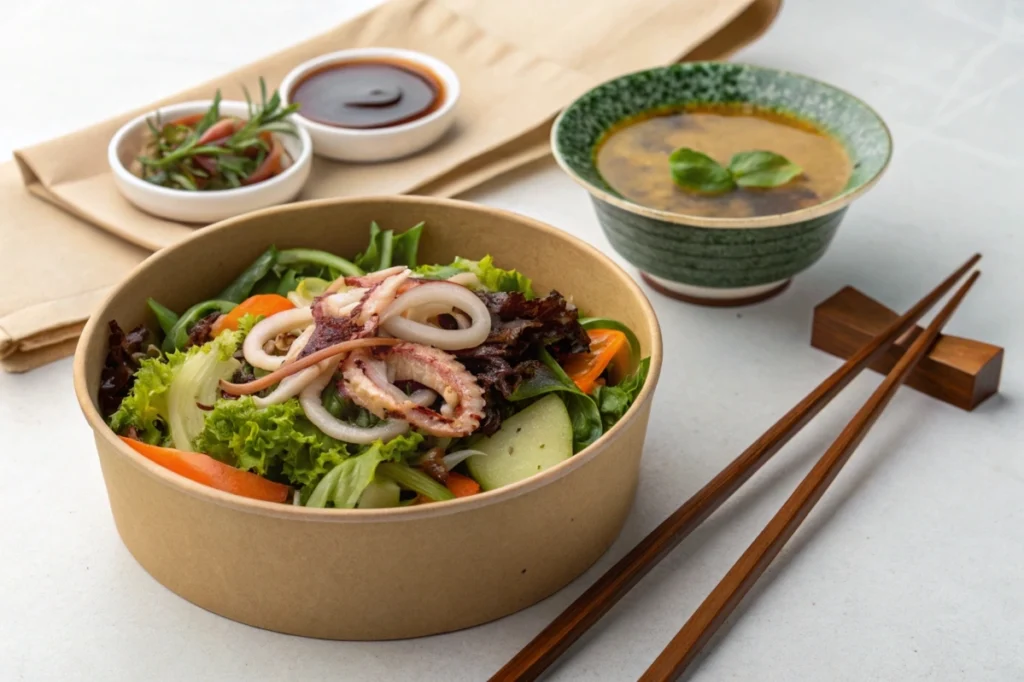 A lunchtime squid salad served with miso soup on a cozy tabletop, showcasing a balanced Japanese-inspired midday meal.