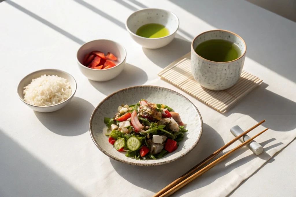 A lunch table featuring Japanese squid salad at the center, complemented by bowls of rice and green tea for a balanced midday meal.