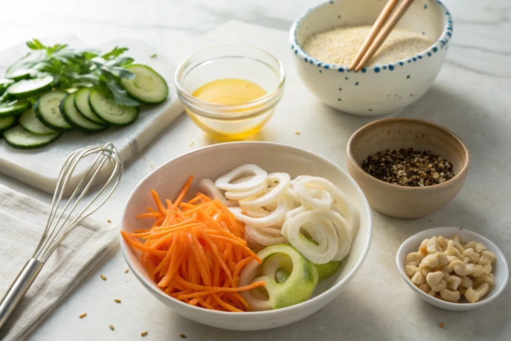 Sliced squid and prepared vegetables arranged with a small jar of tangy dressing for a Japanese squid salad lunch.