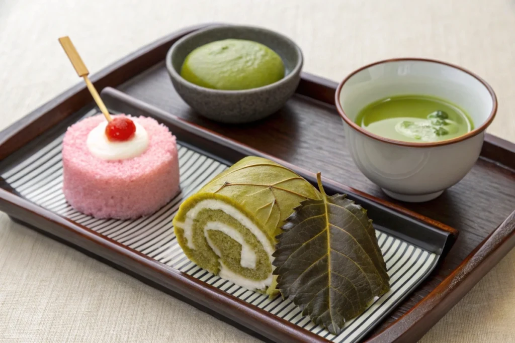 A dessert tray featuring sakura mochi, matcha roll cake, and dango, each representing distinct Japanese sweet styles paired with matcha tea.
