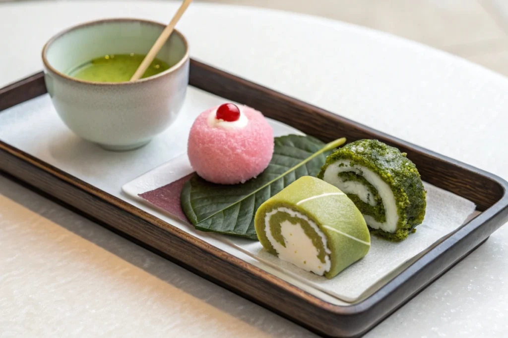 A dessert tray featuring sakura mochi, matcha roll cake, and dango, each representing distinct Japanese sweet styles paired with matcha tea.