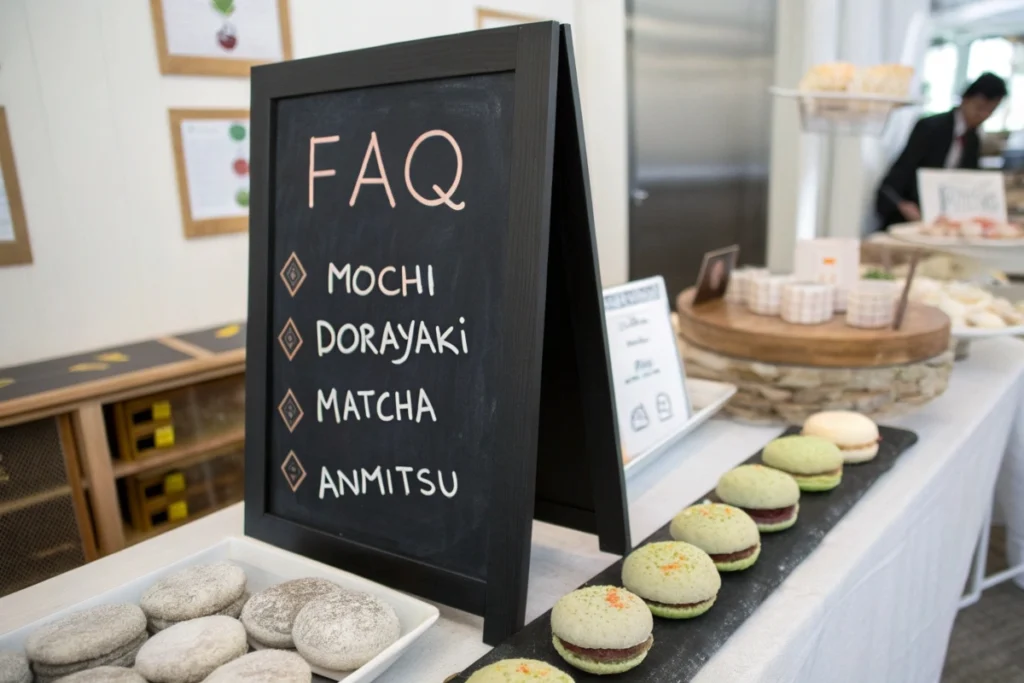 A chalkboard labeled FAQ about Japanese sweets, with sticky notes referencing mochi, dorayaki, matcha, and anmitsu.