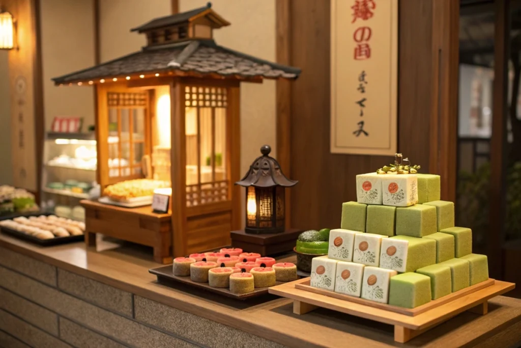 A three-part timeline illustrating Japan’s sweet history, from shrine offerings to Edo wagashi stalls to contemporary matcha patisseries.