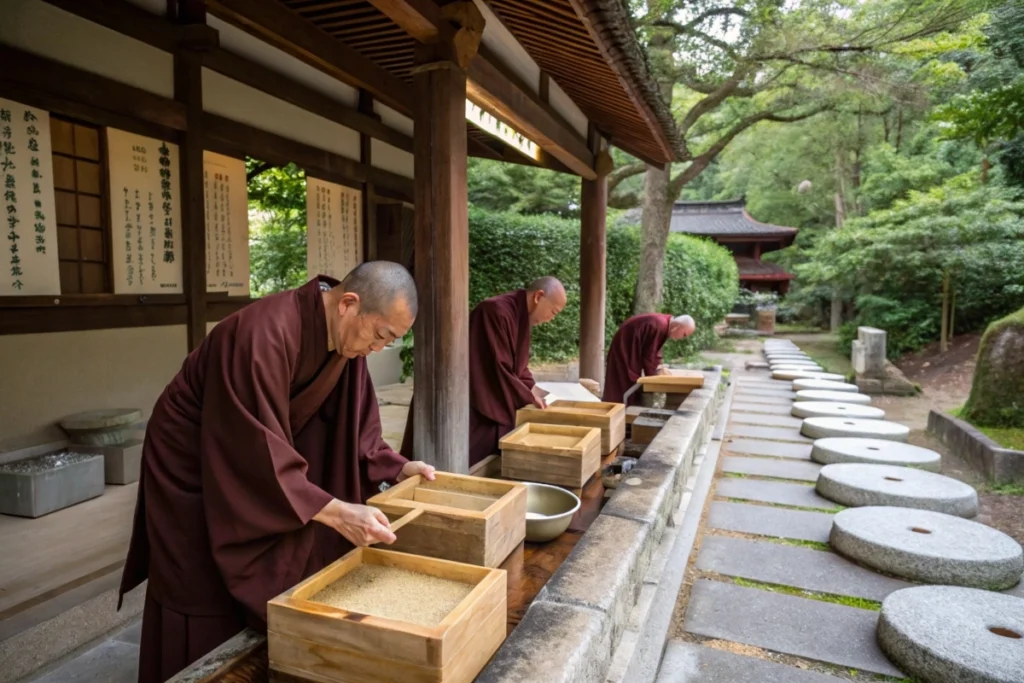 Historical depiction of Japanese monks making tofu in traditional wooden molds at a serene temple, highlighting the cultural significance of tofu.