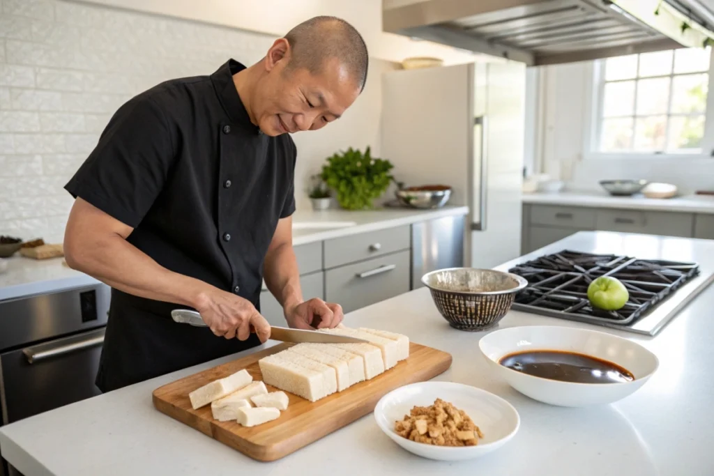 A cook preparing Japanese tofu by slicing, marinating, and grilling in a modern kitchen setup, demonstrating essential preparation techniques.