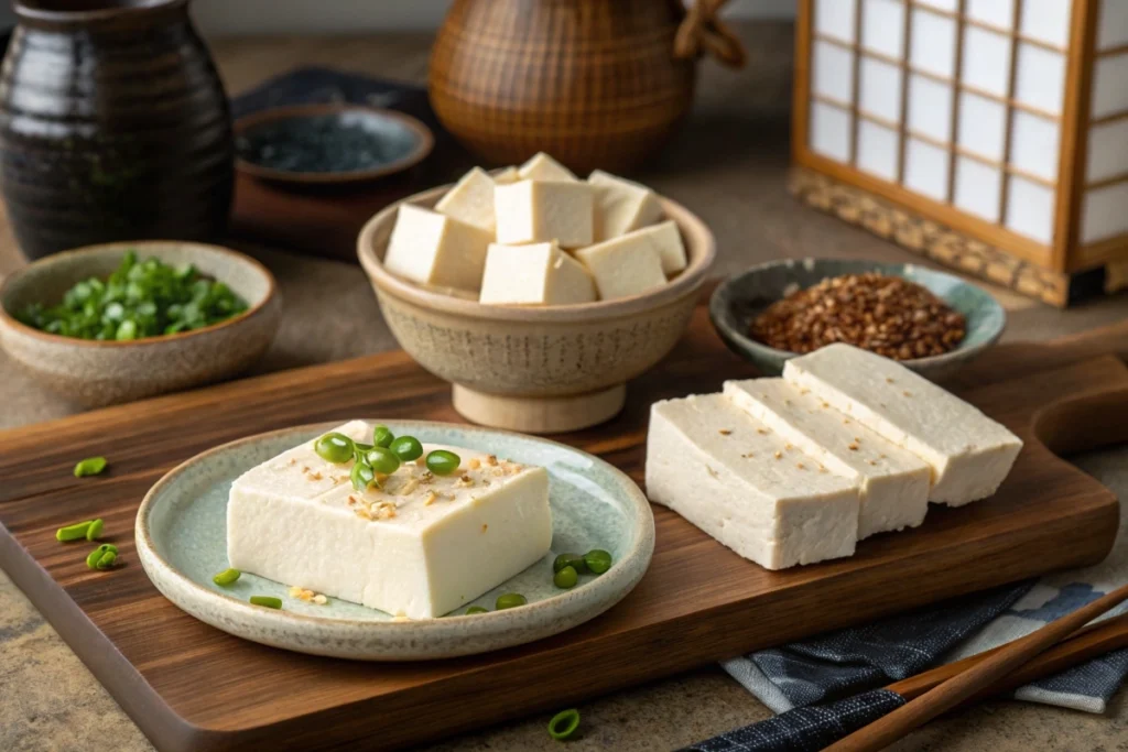 Varieties of Japanese tofu including silken, firm, and agedashi tofu displayed on a cutting board and ceramic plates.