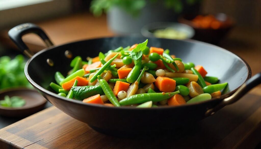 Vibrant stir-fried vegetable medley in a traditional Japanese wok, featuring fresh and colorful ingredients being cooked with soy-based sauces.