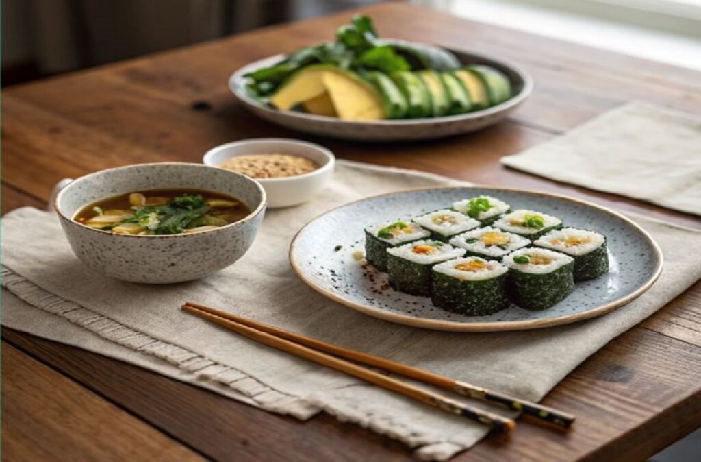 A cozy vegan Japanese meal setup, featuring vegan sushi, miso soup, and sesame-dressed spinach on a wooden table