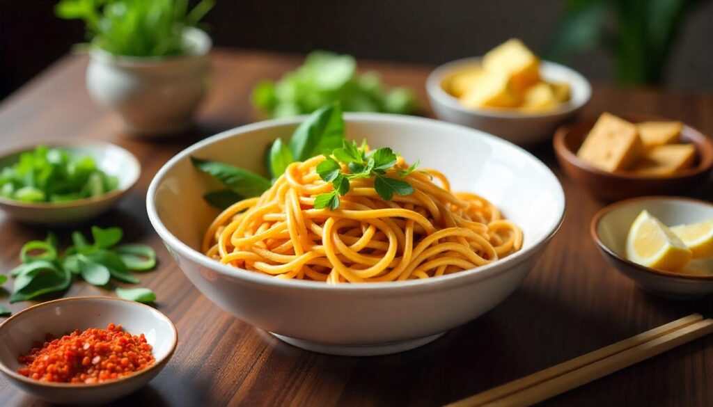 Family-style serving of Japanese pan noodles with assorted toppings on a wooden table.
