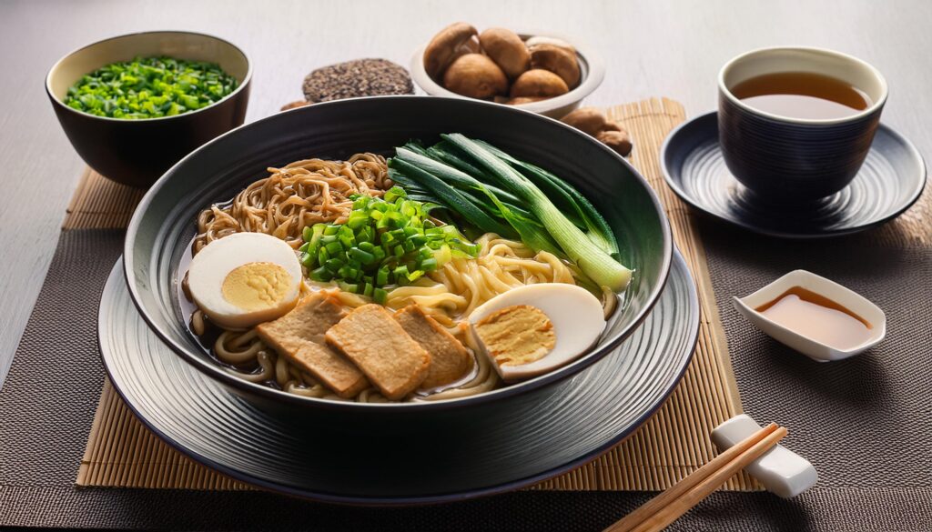 Bol de ramen végétalien, fruits et thé vert, prêts à être savourés.