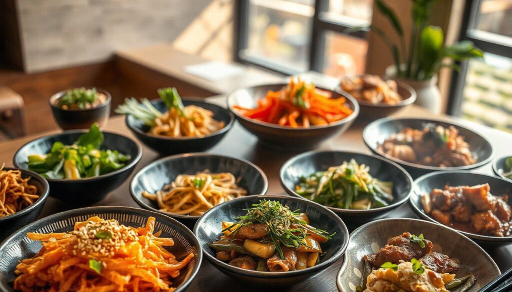 Variety of Japanese vegetable dishes including stir-fried vegetables, pickles, salads, and simmered dishes, elegantly plated with sesame seeds and scallions in a clean and appetizing setting.